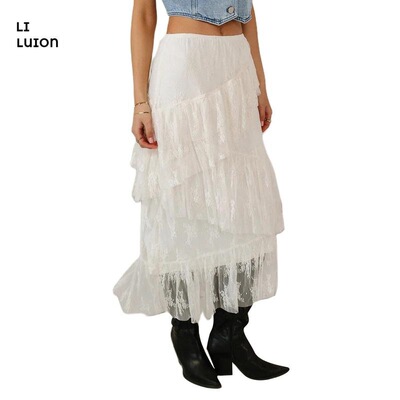 Women White Black Lace Skirt Elegant Elastic Waist Layered