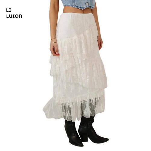 Women White Black Lace Skirt Elegant Elastic Waist Layered