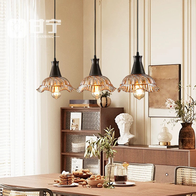 餐厅吊灯中古风法式可调节吧台餐桌灯具三头美式胡桃木色岛台灯饰