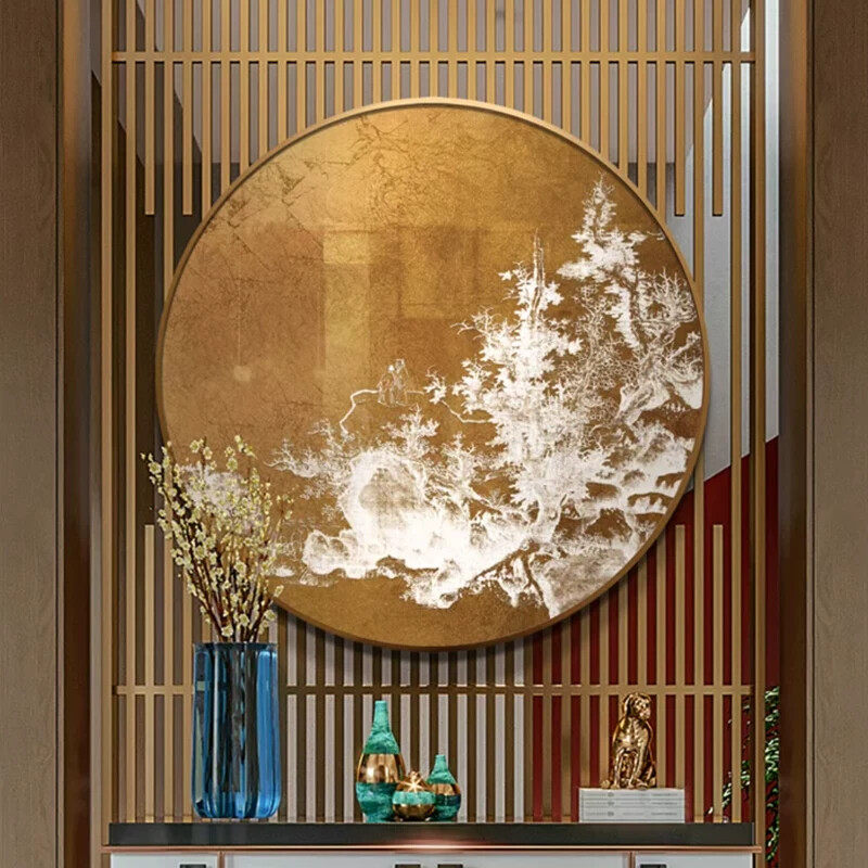新中式入户玄关圆形装饰画山水风景浮雕立体画卧室书房背景墙挂画