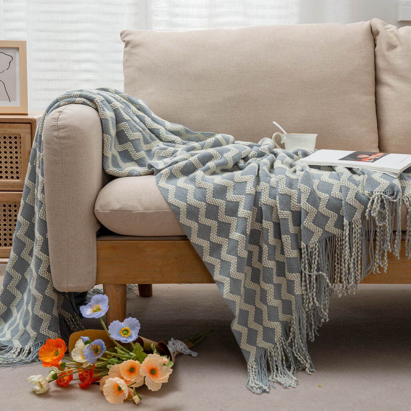 氛围感沙发毯搭巾沙发毯流苏针织盖被薄款单人ins风床头盖布客厅