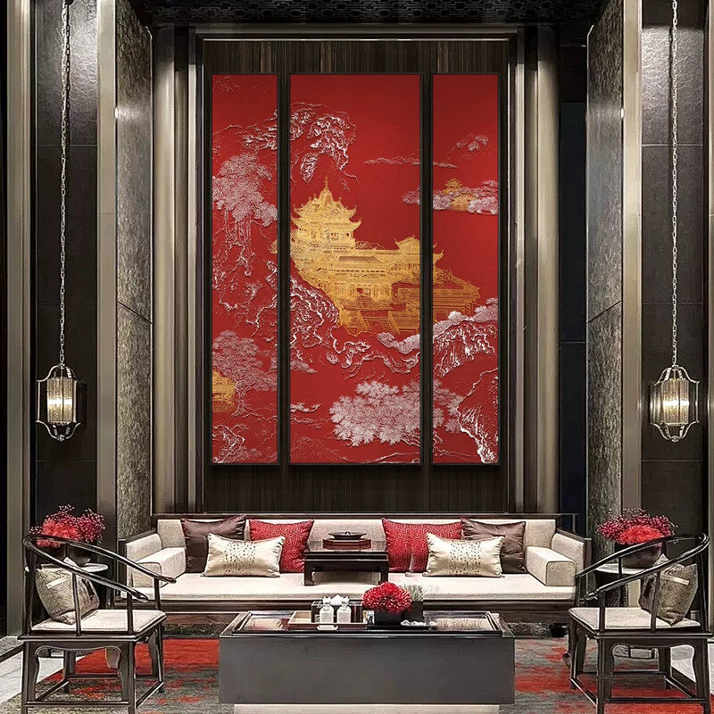 新中式客厅装饰画高端大气会所大堂挂画别墅浮雕立体背景组合壁画