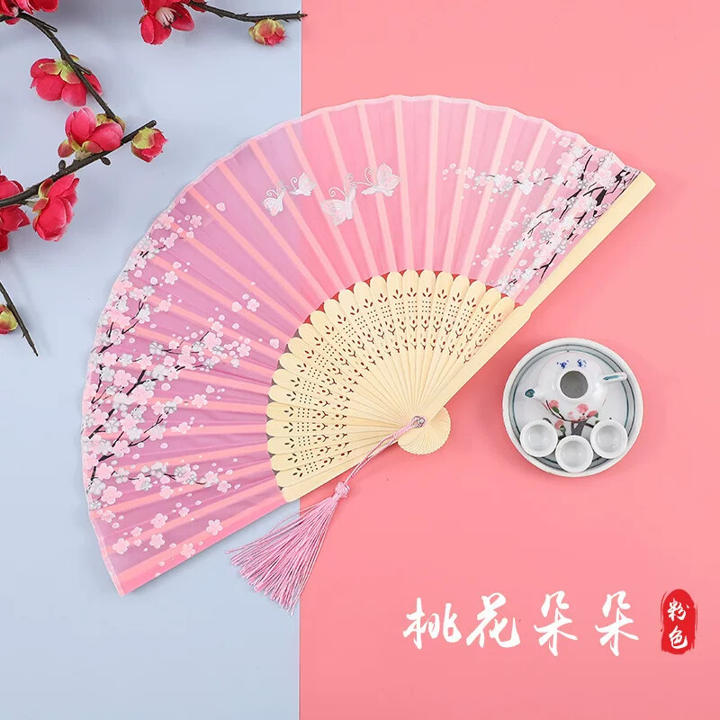 滦达旦戏曲古典舞表演t中国风桃花走纸扇子花古风儿童黑色折扇