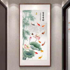 玄关装饰画入户正对门适合大白墙壁画客厅走廊过道挂画木框九鱼图