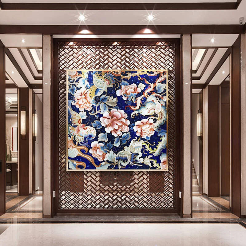 中式客厅装饰画方形纯手工掐丝珐瑯彩蝶恋花国风饭厅过道玄关挂画