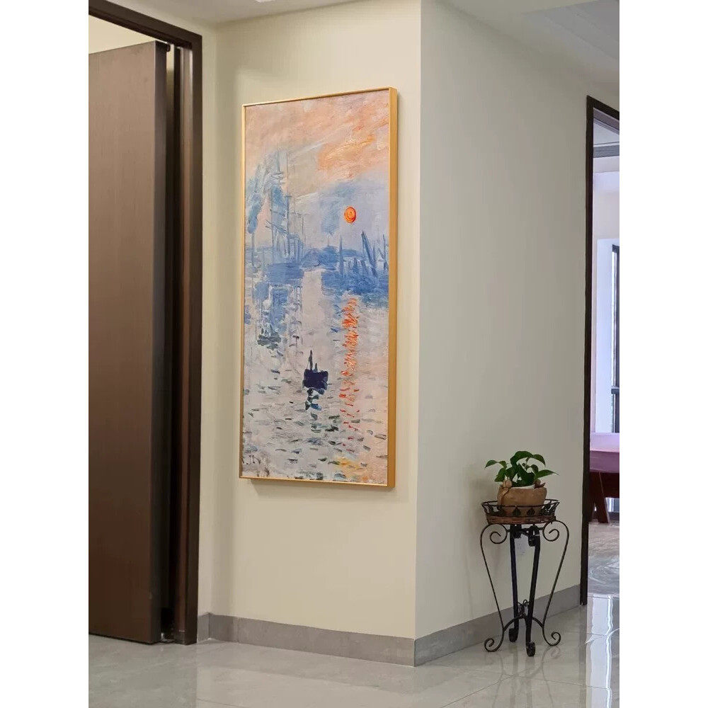 玄关装饰画莫奈日出风景画 落地式油画轻奢金色铝合金画框