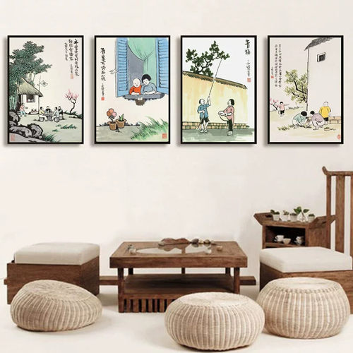 丰子恺挂画民国生活人物装饰画卧室书房复古漫画玄关走廊水墨壁画