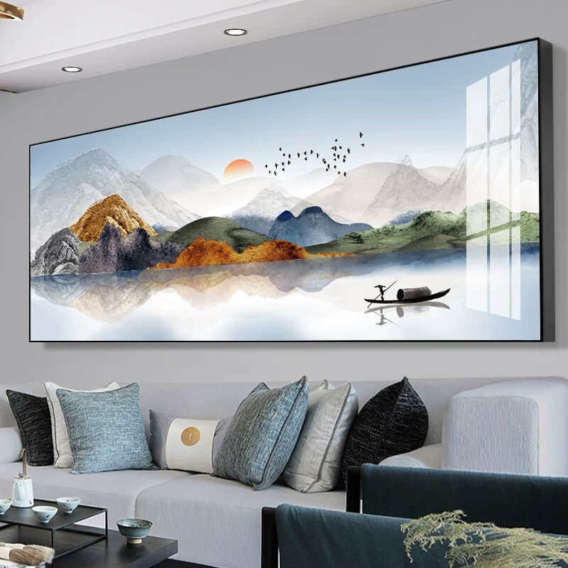 现代新中式客厅装饰画山水壁画大气画背景墙茶室水墨禅意三联挂画