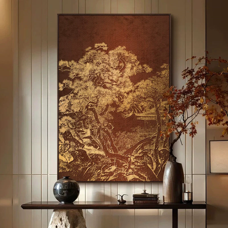中式客厅浮雕肌理装饰画餐厅轻奢高级感立体挂画风景竖版背景壁画