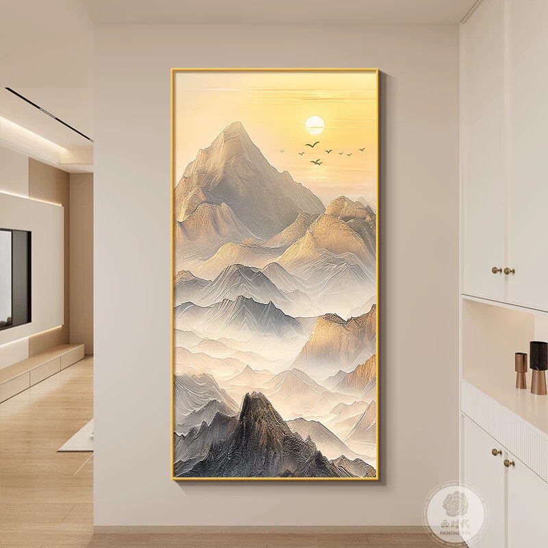 日照金山客厅背景画靠山图玄关挂画新中式风格装饰画晶瓷画客厅墙
