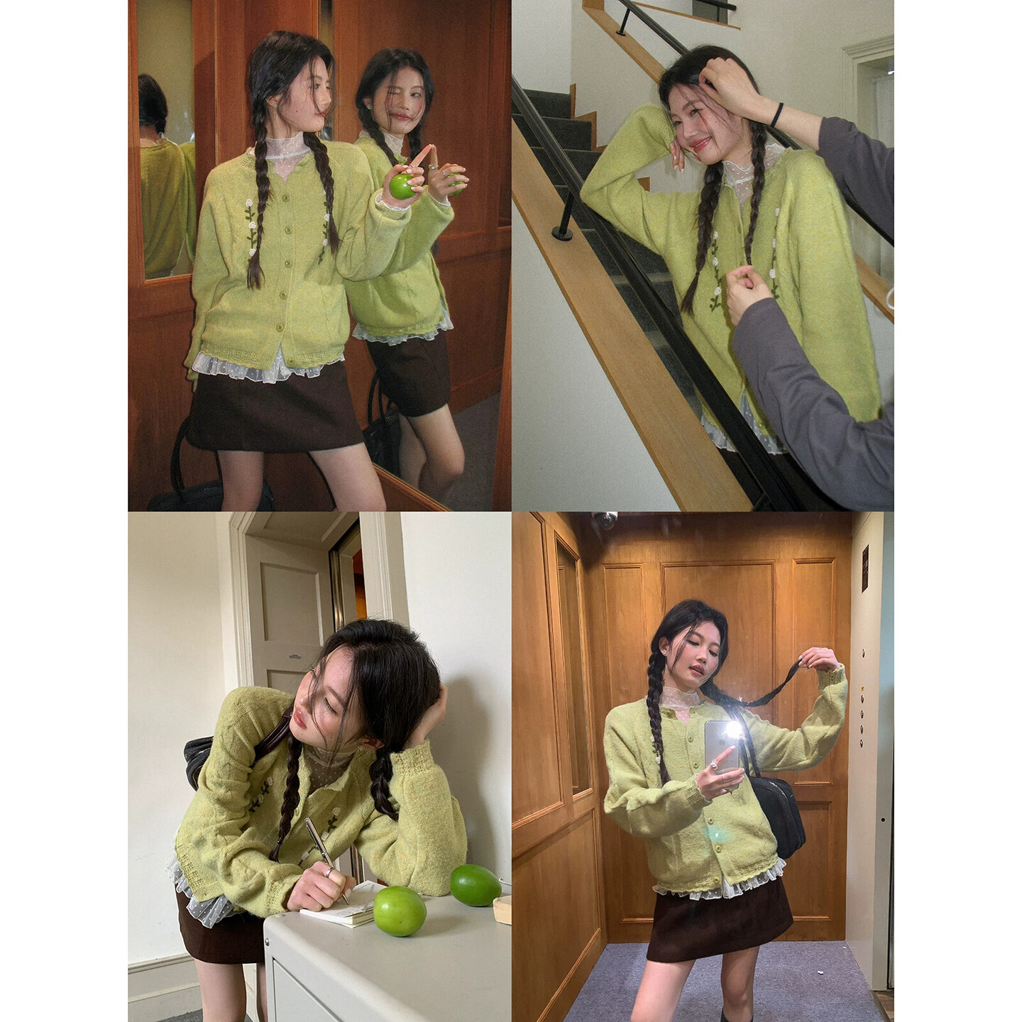 觅定立体花朵绿色毛衣开衫女春季2026新款巨好看韩系外穿针织上衣