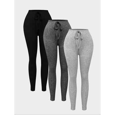 Women's Solid Tie Front Split Hem Ribbed Leggings Casual