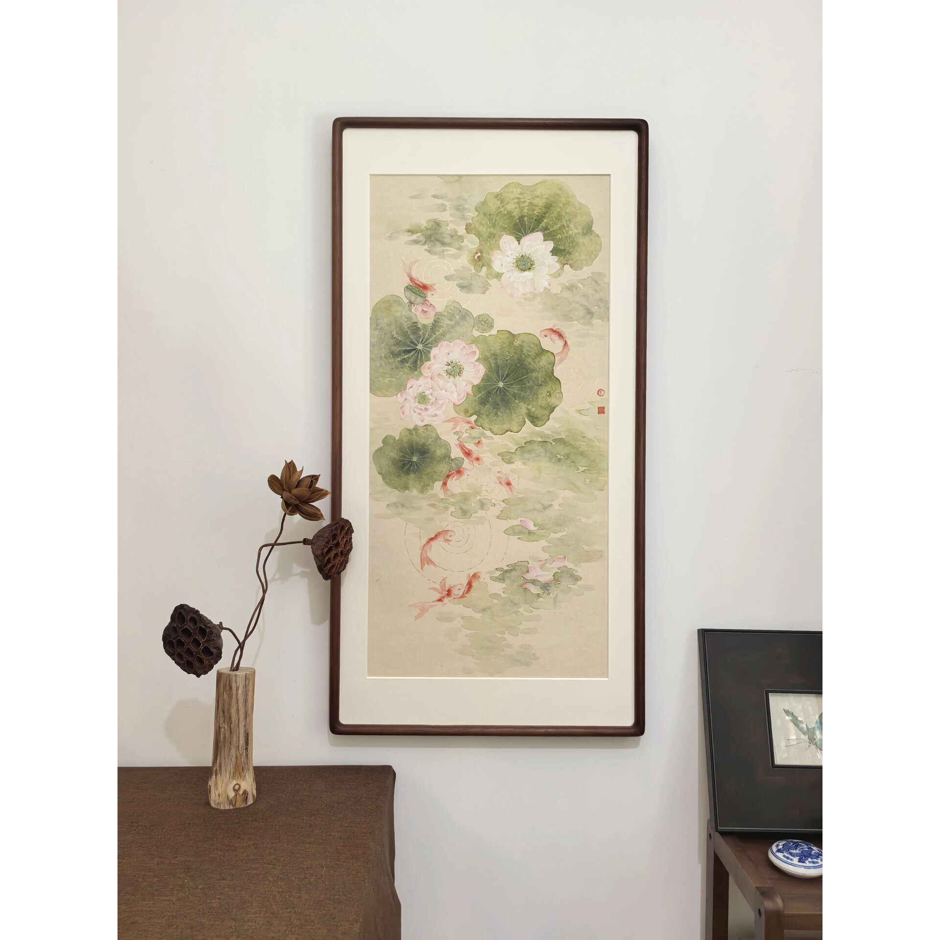 荷韵九鱼原创玄关挂画装饰画国画荷花锦鲤客厅装饰画茶室寓意好