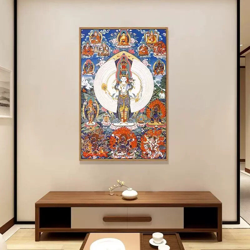 唐卡挂画黑财神白度母文殊菩萨佛像玄关画藏式千手观音佛堂装饰画