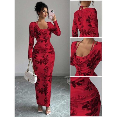 Blue and Floral Print Halter Neck Dress SlimFitting Bodycon