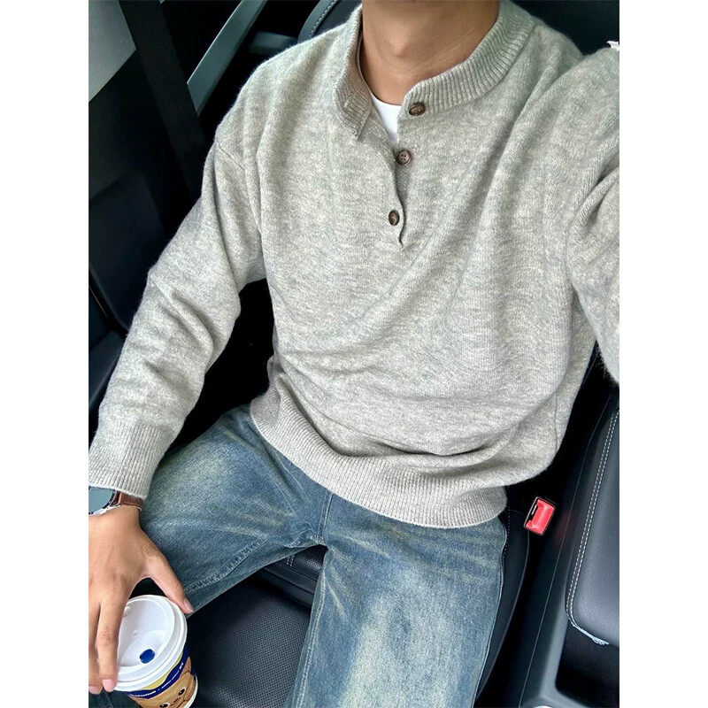 灰色亨利领毛衣男春秋cleanfit高级感打底针织衫美式慵懒chic卫衣