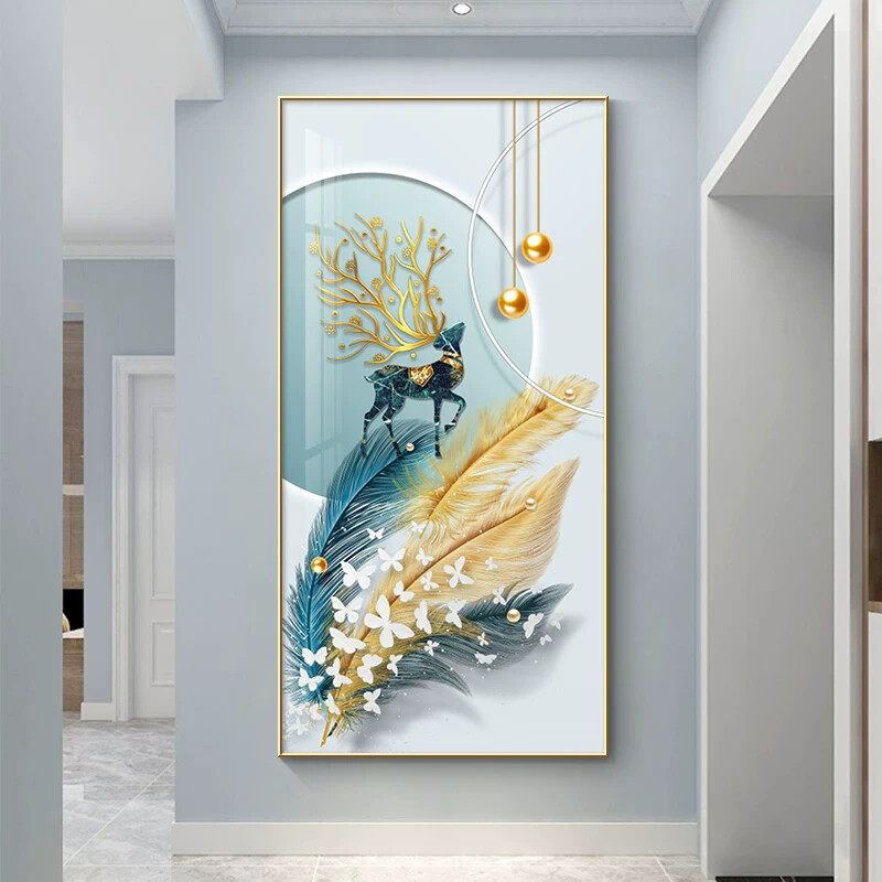 羽毛画现代客厅装饰画简约玄关过道走廊挂画轻奢麋鹿壁画竖版单幅