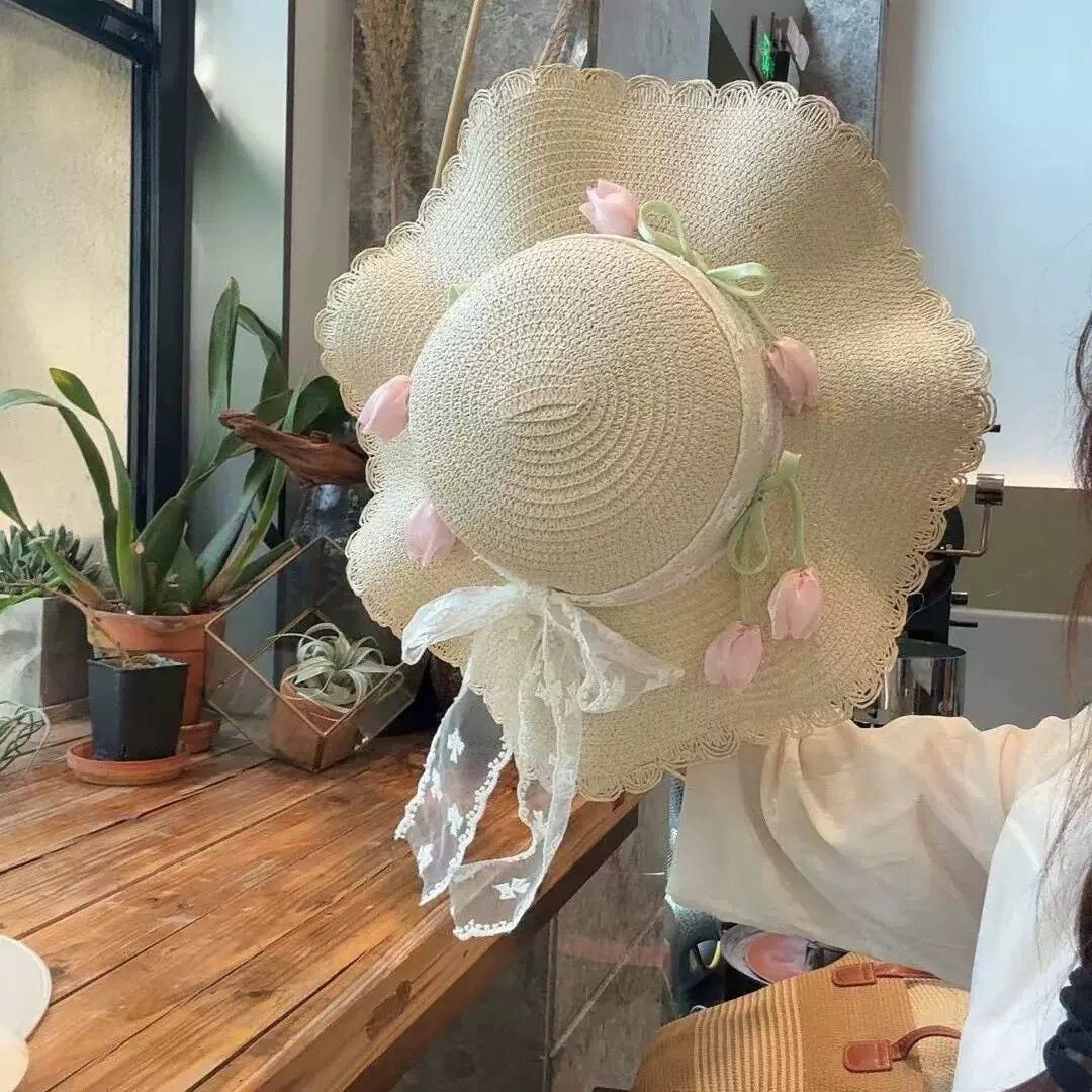 沙滩帽女夏海边可折叠花朵太阳帽子草帽甜美粉色百搭渔夫帽小头围