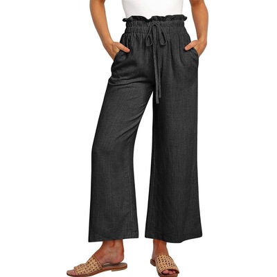 Womens Linen Pants Summer Wide Leg Casual Loose Drawstring