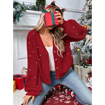Sweet Style Knitted Cardigan V Neck Pearl Decoration