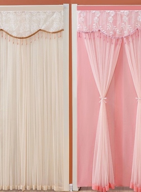 新款高档隐私门帘双层蕾丝布艺防虫蚊门帘子四季通用免打孔伸缩杆