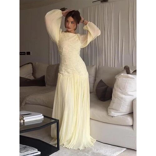 Elegant Pleated Long Lantern Sleeve Long Dress Women Oneck