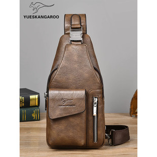 麦克袋鼠胸包男大容量真皮质感防水复古斜挎包休闲单肩包手机包夏