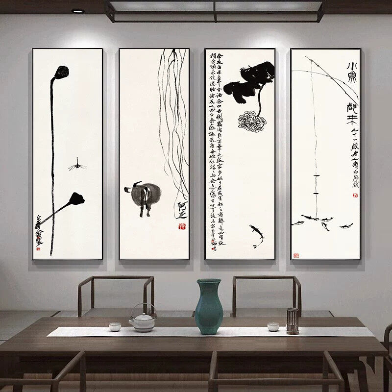 齐白石水墨国画新中式客厅沙发背景墙面装饰画办公室茶室四联挂画