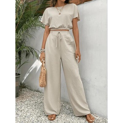 Womens Solid Color Fitted Top Wide Leg Pants Twopiece Set