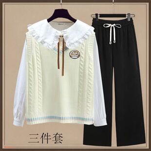 高中女生12-15休闲毛衣学生马甲娃娃脸衬衣宽松大童学院三件套潮