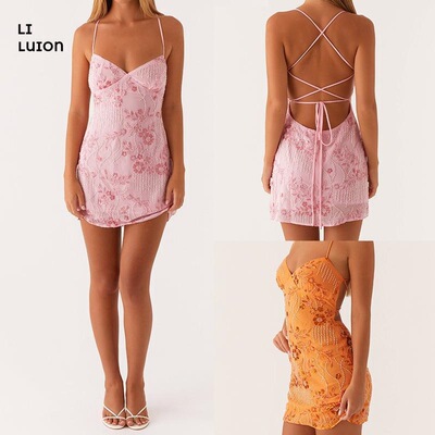 Women 2025 Summer Sequin Cami Mini Dress Tie Back Mini Dress