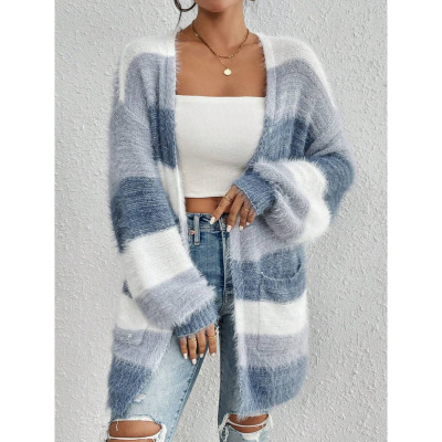 K 62256 Striped Plush Cardigan 条纹毛绒开衫跨境外贸代发