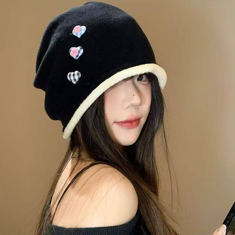 韩版显脸小简约爱心纽扣卷边套头帽女春秋甜美慵懒风大头围堆堆帽