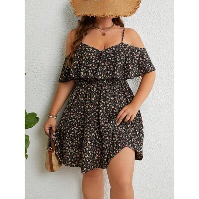 Plus Size Ditsy Floral Print Cold Shoulder Ruffle Trim A
