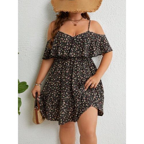 Plus Size Ditsy Floral Print Cold Shoulder Ruffle Trim A