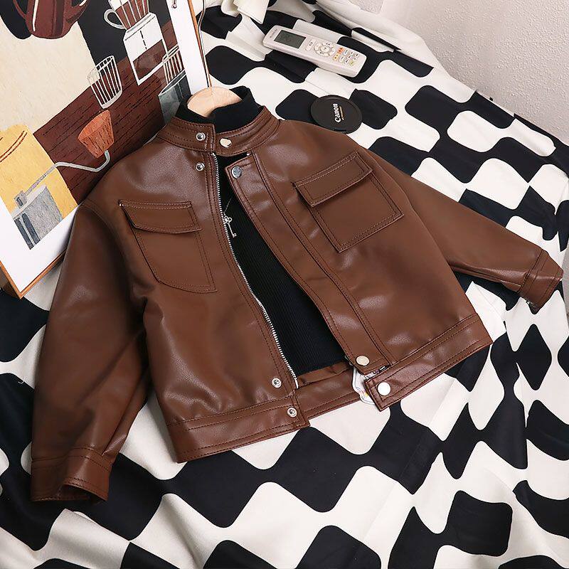 春秋男女童咖色短款皮衣外套帅气中大童宝宝韩版PU软皮夹克上衣酷