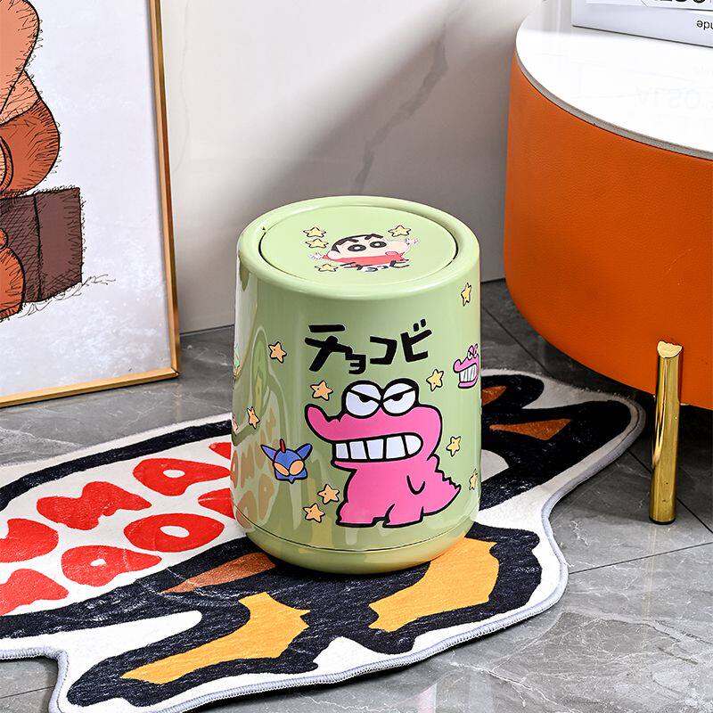 2026小新爱吃小零食DIY垃圾桶带盖可爱防臭床头抹茶色卧室床边