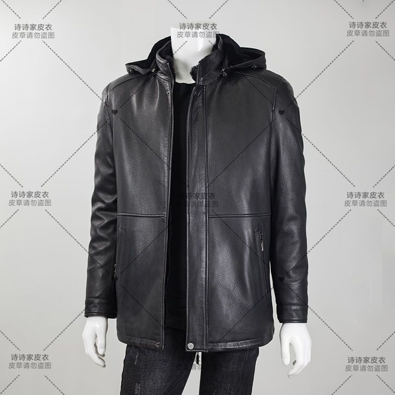 正宗头层鹿皮皮衣男士整版羊毛内胆可拆卸皮夹克真皮中长连帽外套
