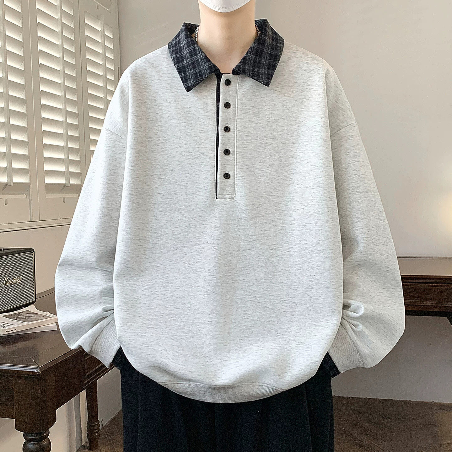 重磅翻领早春装卫衣男春秋季长袖T恤潮牌宽松上衣男款内搭打底衫