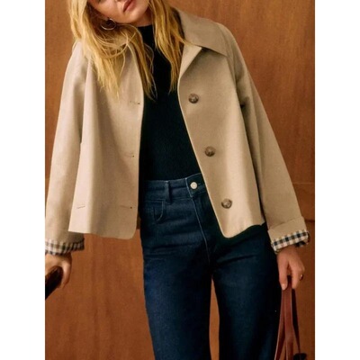 Single Breasted Women Short Trench Coat Interior Plaid