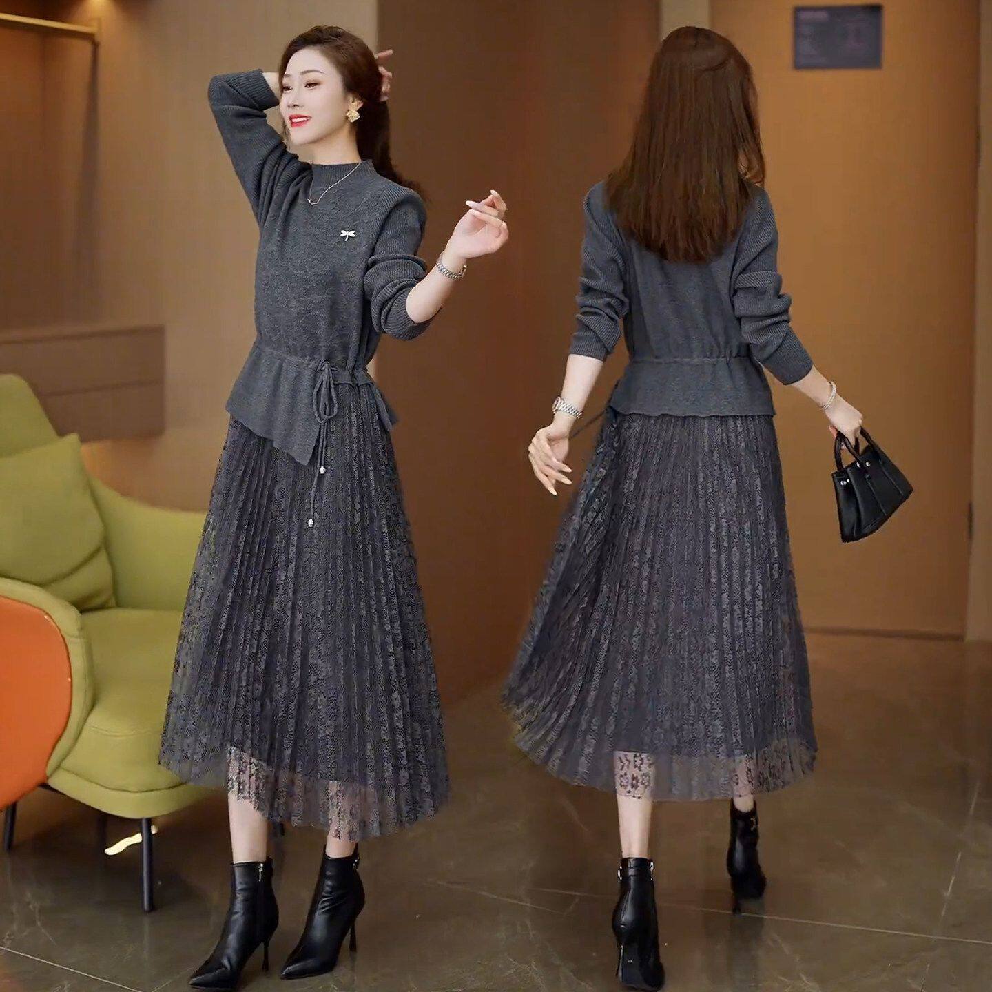 假两件针织毛衣拼接蕾丝连衣裙女中长款收腰显瘦时尚气质打底裙子