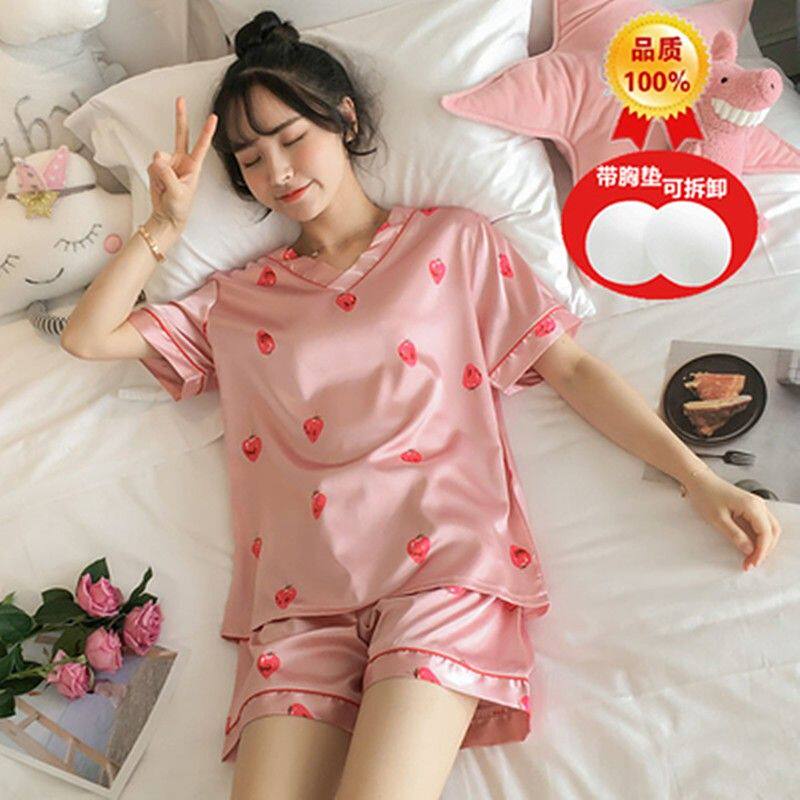南极人带胸垫bra冰丝睡衣女夏季短袖粉色薄款学生丝绸家居服套装