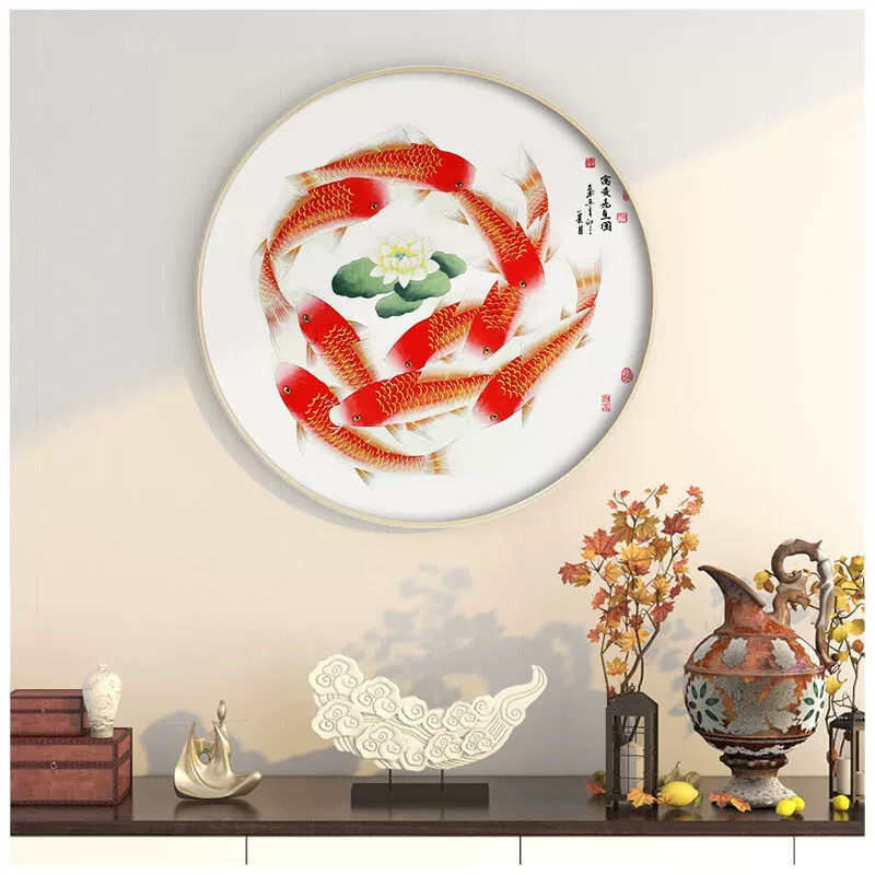 九鱼图圆形挂画新中式玄关书房富贵风水壁画客厅茶室装饰画