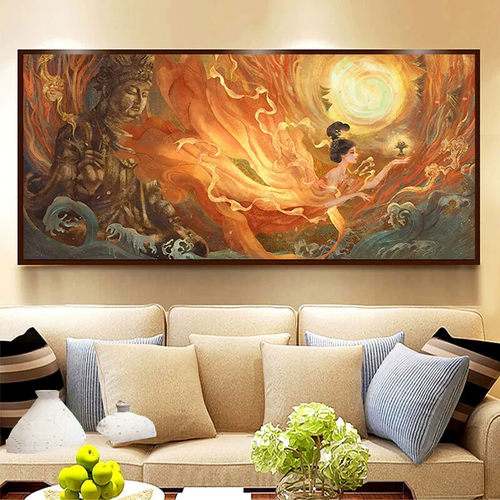 敦煌壁画沙发背景艺术感墙画飞天神女国风装饰画佛像挂画