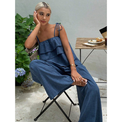 T 93509 Ruffle bandeau denim jumpsuit 荷叶边抹胸牛仔连体裤