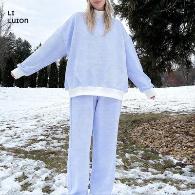 Women Blue And White Mini Striped Mockneck Sweatshirt With