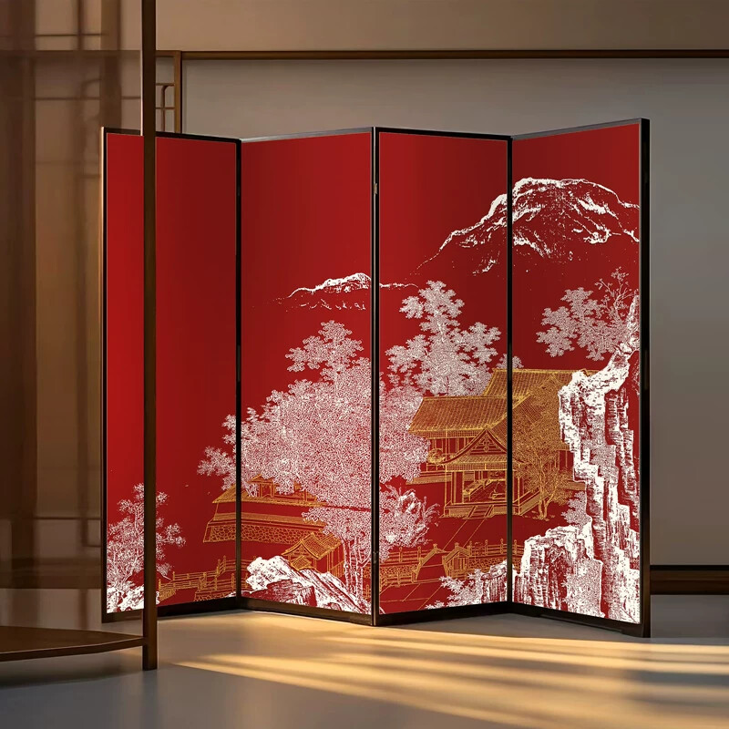 新中式正对门山水风景屏风装饰画别墅客厅大气浮雕四联屏风挂画