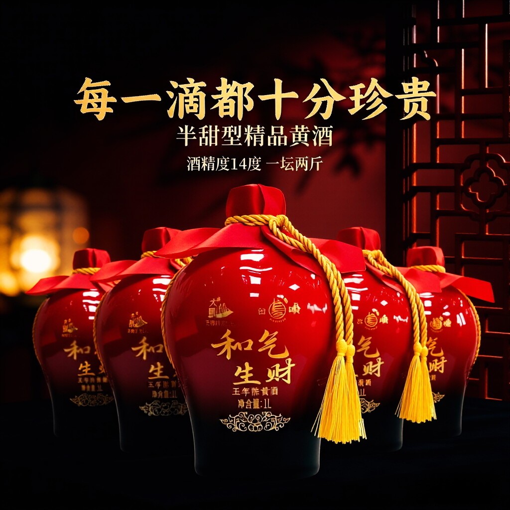 和气生财原浆黄酒手工精品花雕晋老三粮食黄酒半甜型绍兴坛装2斤