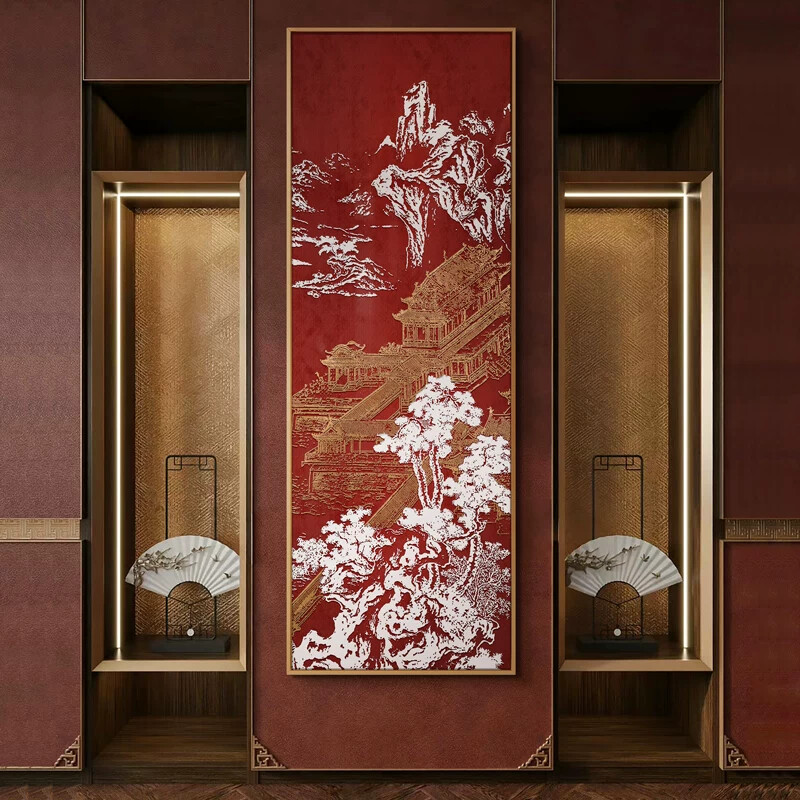 新中式红色风景浮雕肌理装饰画入户玄关立体壁画高端大气竖版挂画