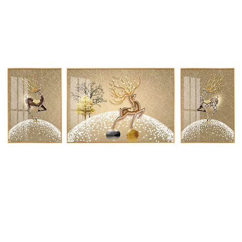 轻奢客厅装饰画现代简约三联画 麋鹿主题晶瓷手工镶钻画 沙发背景